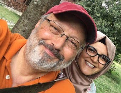Saudi journalist Jamal Khashoggi and his fiancée Hatice Cengiz are pictured in an undated photo from Cengiz's Twitter account. / Credit: Twitter