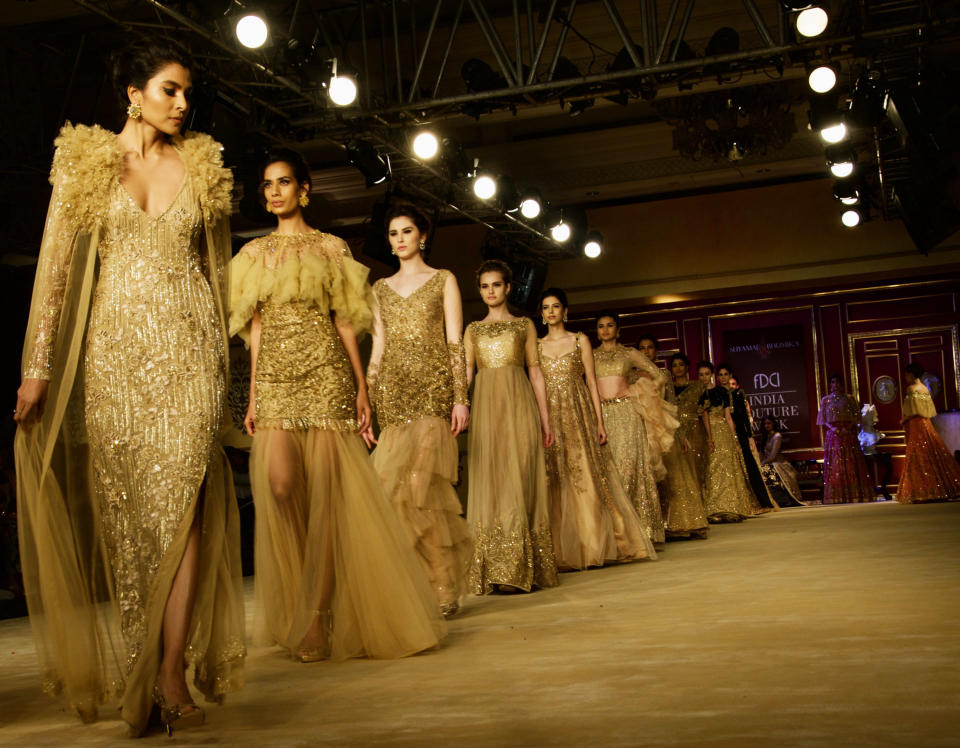 NEW DELHI, INDIA - JULY 26:  Shyamal & Bhumika showcase their line at FDCI's India Couture Week 2017 at the Taj Palace hotel on July 26, 2017 in New Delhi, India.  (Photo by Rubina A. Khan/Getty Images)