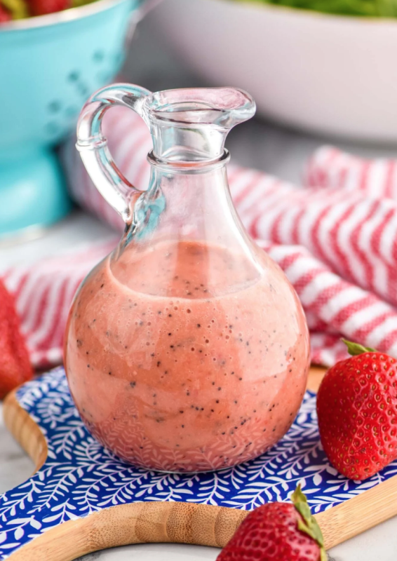 <p>simple joy</p><p>This strawberry salad dressing is made from easy-to-find ingredients and is perfect for all your summer salads!</p><p><strong>Get the recipe: <a href="https://www.simplejoy.com/strawberry-poppyseed-dressing/" rel="nofollow noopener" target="_blank" data-ylk="slk:Strawberry Salad Dressing;elm:context_link;itc:0;sec:content-canvas" class="link rapid-noclick-resp">Strawberry Salad Dressing</a></strong></p>