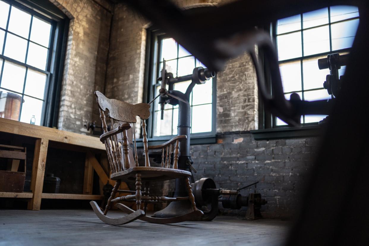 A wooden rocking chair that was used by Henry Ford in the secret room of the Ford Piquette Avenue Plant in Detroit on October 28, 2020.
