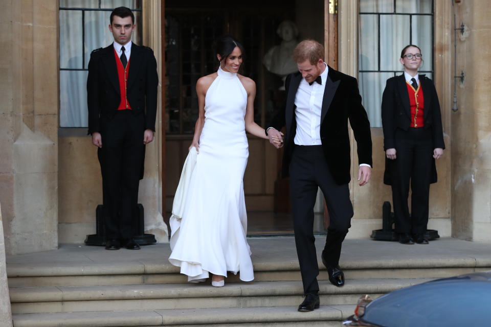 The Duchess of Sussex changed into a Stella McCartney dress for the couple’s reception at Frogmore House on May 19 [Photo: Getty]