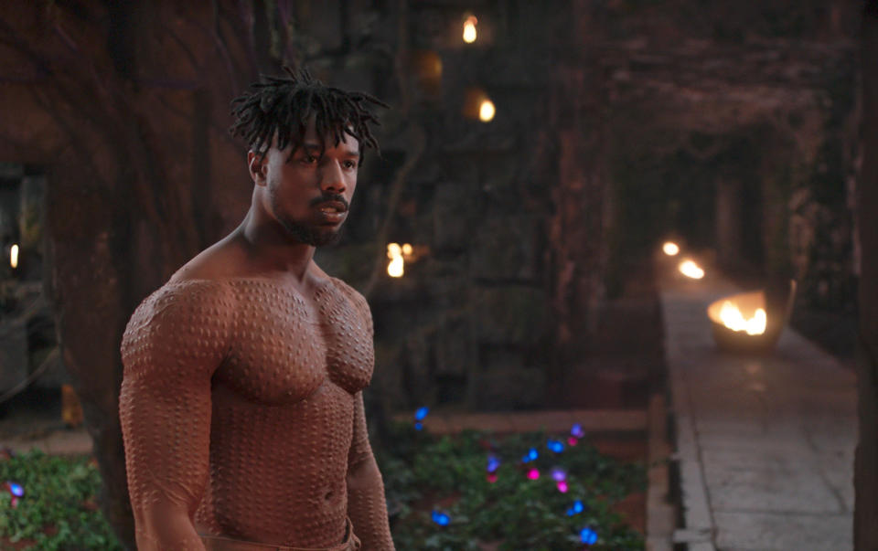 This image released by Disney shows Michael B. Jordan in a scene from Marvel Studios' "Black Panther." The film may emerge as a major contender Tuesday, Jan. 22, 2019, when nominations to the 91st Oscars are announced. (Marvel Studios-Disney via AP)