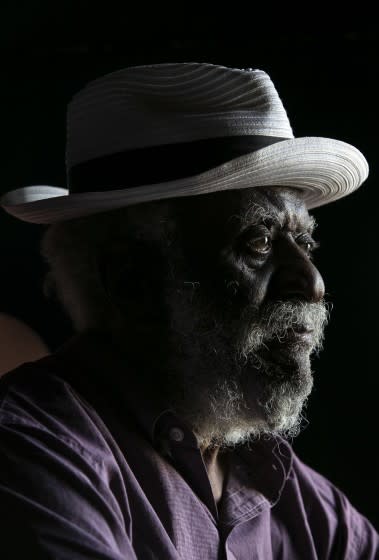 LOS ANGELES, CA - OCTOBER 01: Jazz saxophonist Pharoah Sanders poses at Zebulon on Thursday, Oct. 1, 2020 in Los Angeles, CA. Sanders is a peer and bandmate of John Coltrane's, he's a living legend whose influence has only grown over the years. Sanders and band performed at Zebulon in Frogtown for a filmed concert to be released on his birthday later this month. (Josie Norris / Los Angeles Times)