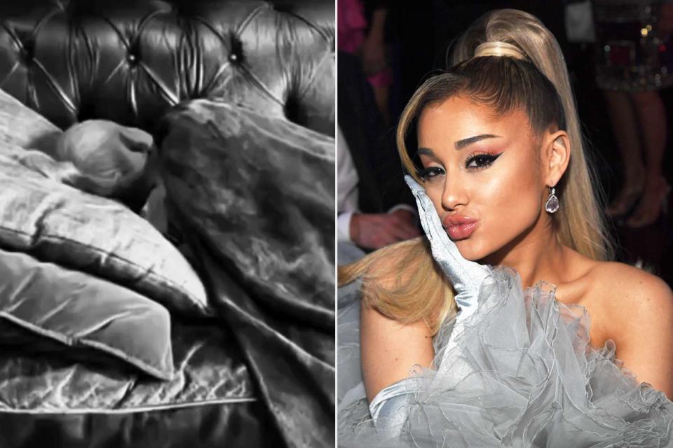 <p>Ariana Grande/Instagram; Kevin Mazur/Getty</p> Ariana Grande takes a nap in the studio