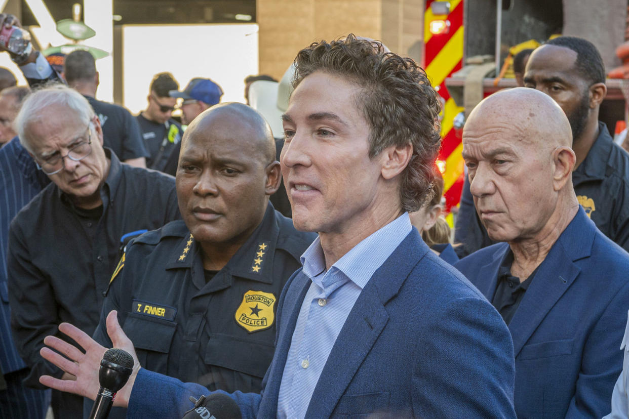 Lakewood Church pastor Joel Osteen participate in a press conference at Lakewood Church on Feb. 11, 2024. (Kirk Sides / Houston Chronicle via Getty Images)