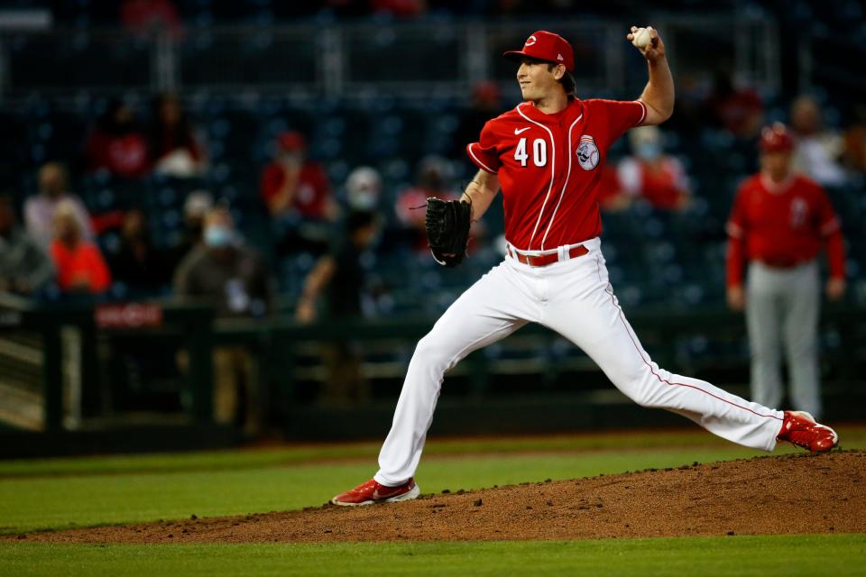 Cincinnati Reds pitcher Nick Lodolo (40) throws a pitch in the second inning of the MLB Cactus League Spring Training game between the Cincinnati Reds and the Los Angeles Angels at Goodyear Ballpark in Goodyear, Ariz., on Tuesday, March 2, 2021.
