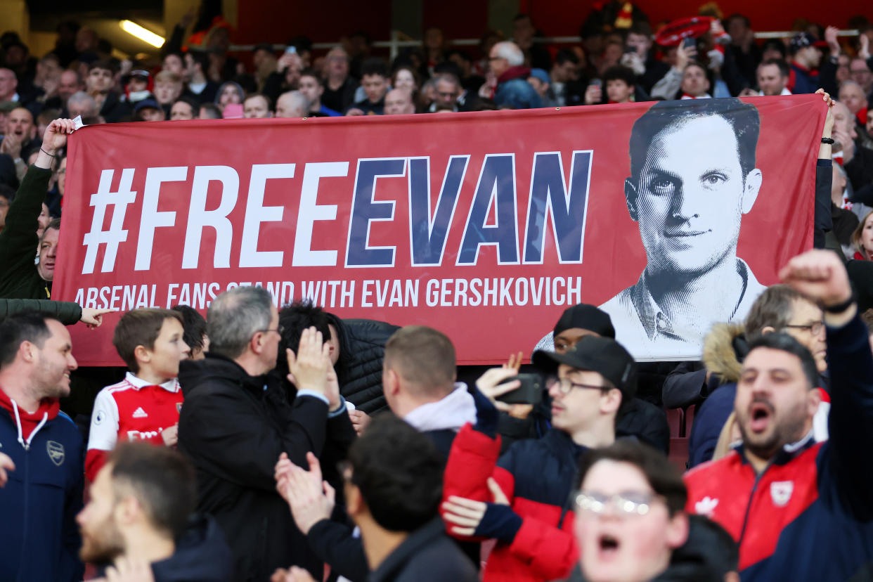 A banner is displayed in support of Gershkovich prior to a Premier League soccer match in London in 2023. 