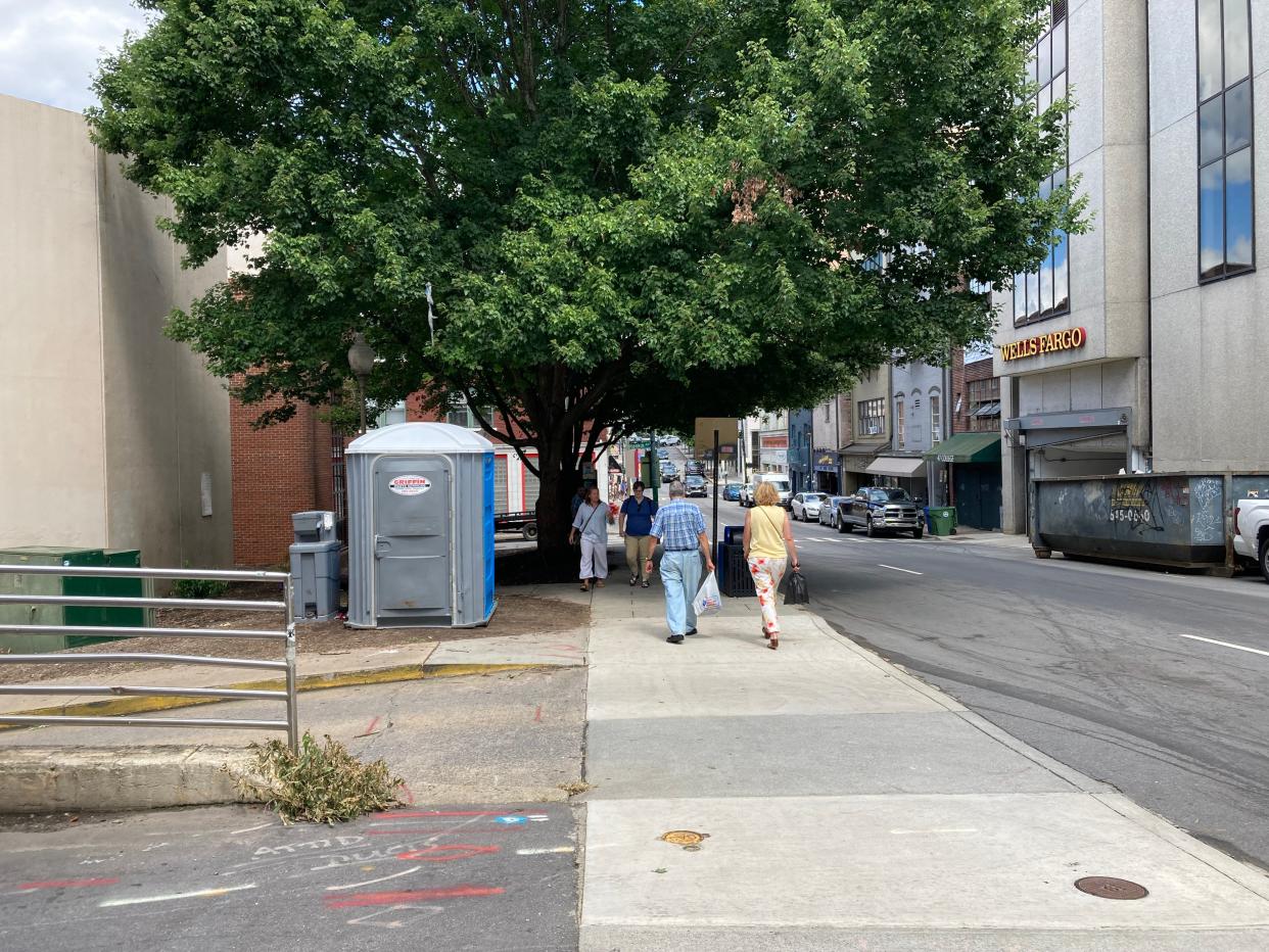 The view down College Street approaching the port-a-potty in front of the Rankin Avenue Garage on Aug. 10, 1023.