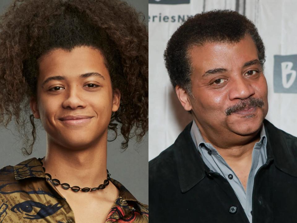 left: travis tyson, a young man with curly hair smiling; right: neil degrasse tyson, smiling with his mouth closed