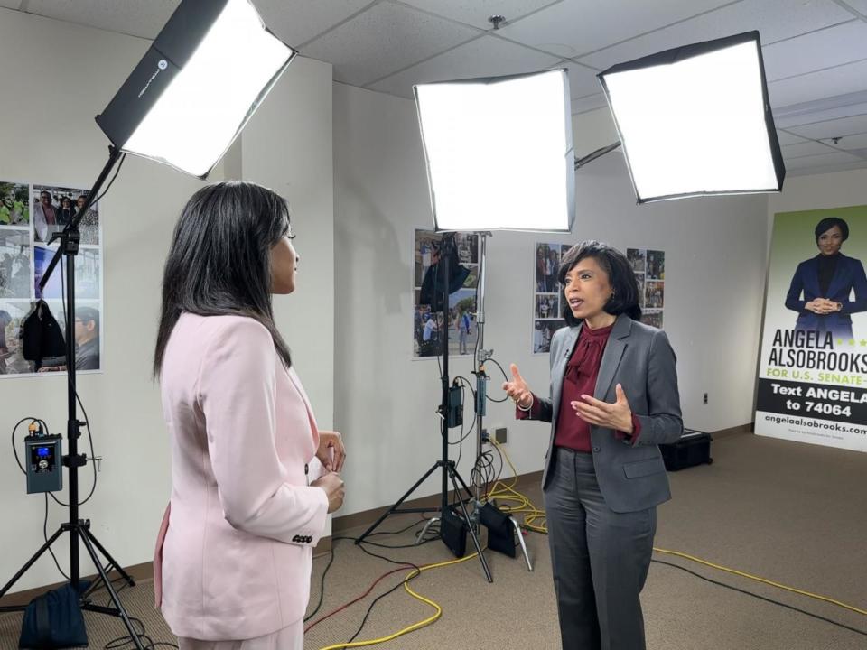 PHOTO: ABC News' Senior Congressional Correspondent Rachel Scott speaks with U.S. Senate candidate Angela Alsobrooks at her campaign headquarters in Maryland. (Julia Cherner/ABC News)