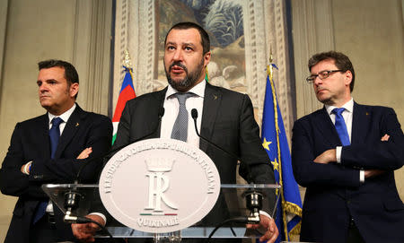 League party leader Matteo Salvini speaks to the media during the second day of consultations with Italian President Sergio Mattarella at the Quirinal Palace in Rome, Italy, April 5, 2018. REUTERS/Alessandro Bianchi