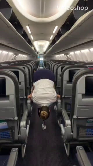 This flight attendant shows off her remarkable acrobatic skills to close the overhead bins with her feet - while wearing high heels. Lindsey O'Brien, 35, gripped onto the armrests before flipping upside down and using her feet to close four luggage containers above. She twirled back down to the aisle and lifted her arms in triumph as her fellow crew members cheered her on. The video was filmed in June aboard an aircraft which had been grounded in her home city of Philadelphia, Pennsylvania, due to Covid-19.