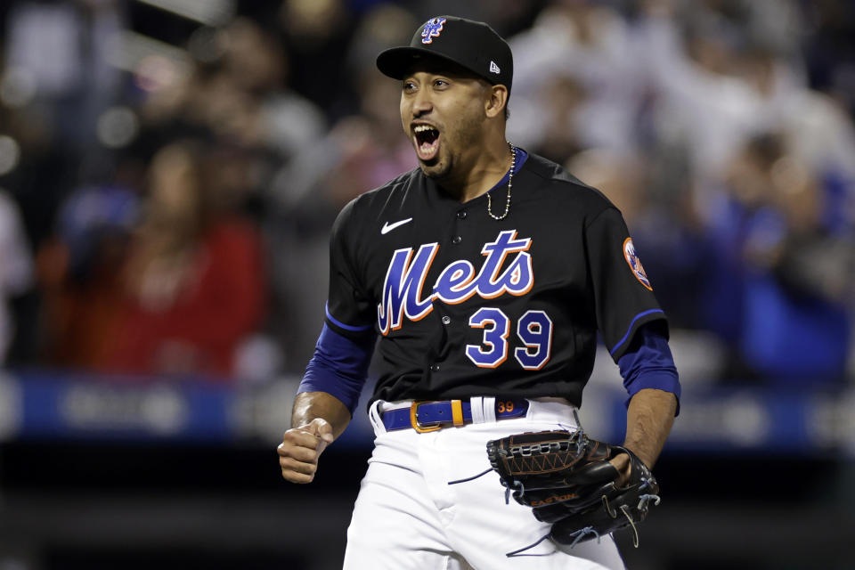 New York Mets pitcher Edwin Diaz reacts after the final out of the team's baseball game against the Philadelphia Phillies on Friday, April 29, 2022, in New York. The Mets won 3-0 on a combined no-hitter. (AP Photo/Adam Hunger)