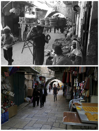 A combination picture shows a boy selling bagels in an alley of Jerusalem's Old City, in this Government Press Office handout photo, taken July 14, 1967 (top) and the same location May 17, 2017. REUTERS/Fritz Cohen/Government Press Office/Handout via Reuters (top)/Ammar Awad