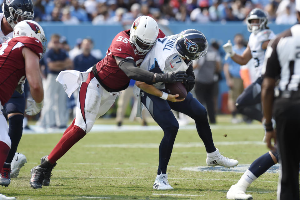 Arizona Cardinals linebacker Chandler Jones (55) sacks Tennessee Titans quarterback Ryan Tannehill (17) in the second half of an NFL football game Sunday, Sept. 12, 2021, in Nashville, Tenn. (AP Photo/Mark Zaleski)