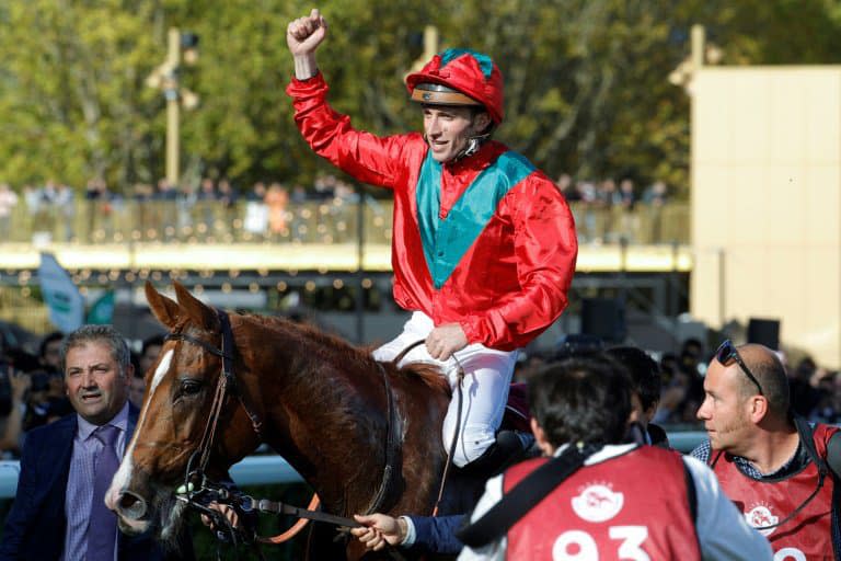 Pierre-Charles Boudot lors de la victoire avec Waldgeist dans le Prix de l'Arc de Triomphe 2019, le 6 octobre à ParisLongchamp. - GEOFFROY VAN DER HASSELT © 2019 AFP