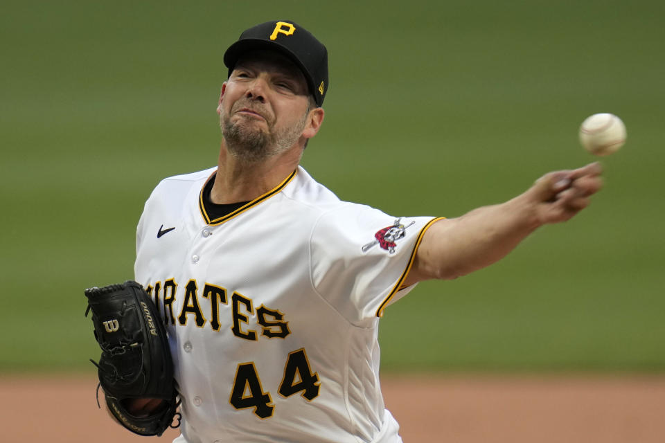 Pittsburgh Pirates starting pitcher Rich Hill delivers during the first inning of a baseball game against the Cincinnati Reds in Pittsburgh, Saturday, April 22, 2023. (AP Photo/Gene J. Puskar)