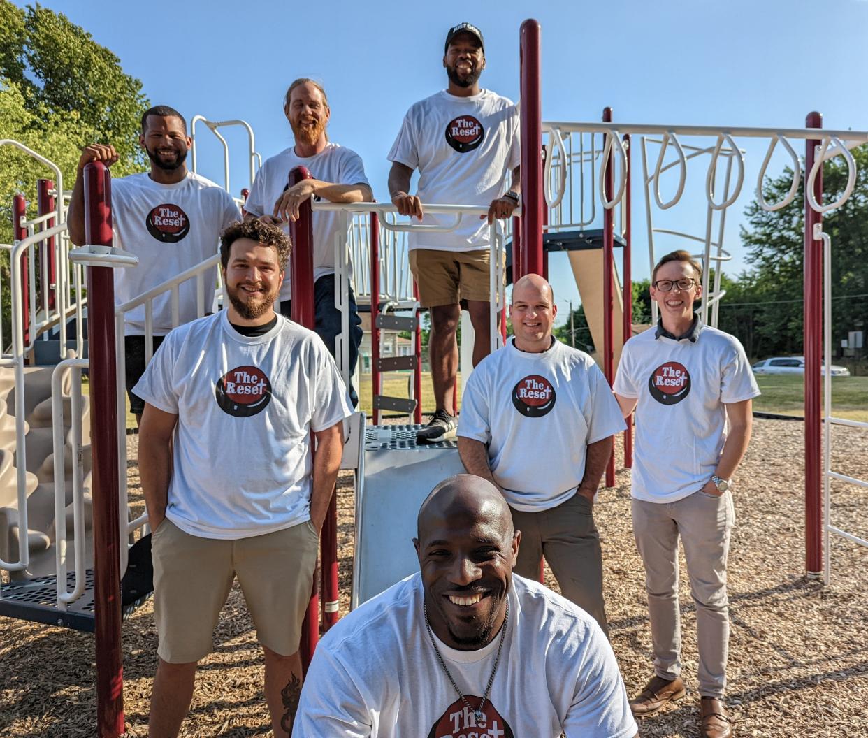 These men are hosting The Reset, a four-week mission aimed at youth and set to take place in two Canton parks on Thursdays in July. They include (front) Brent Walker; (left to right) Billy Parsons, Chris McGowan, the Rev. Michael Gammill; (second row, left to right) Michael Carlton, Teddy Seely and Bradley Tyson. Not pictured is Alex Orenuga.