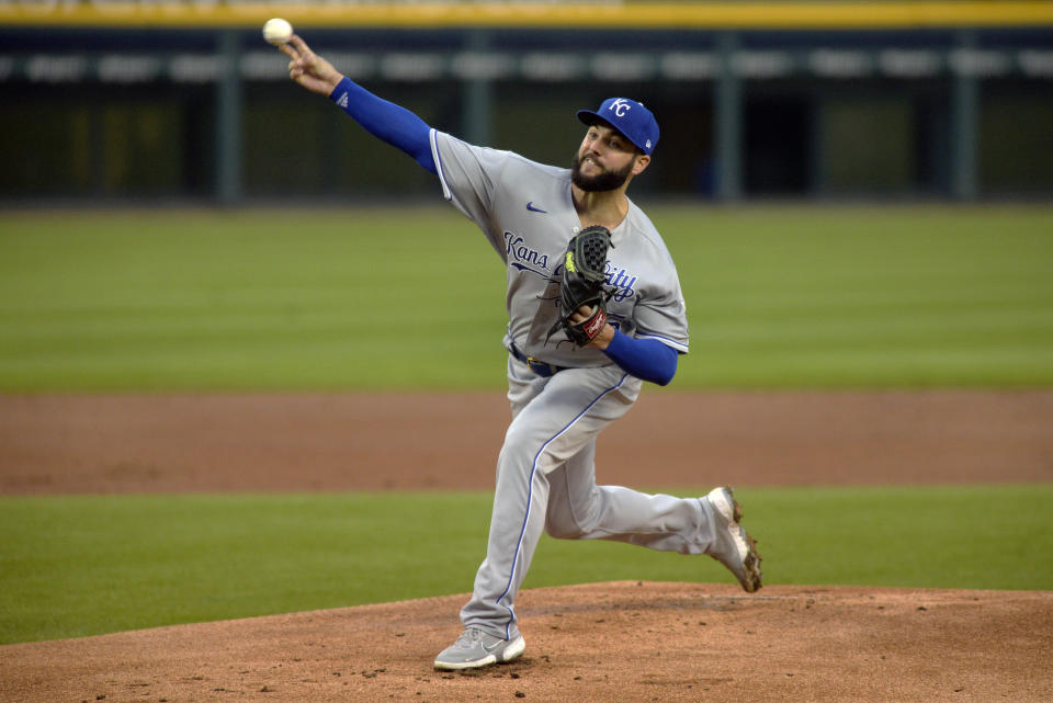 Kansas City Royals starting pitcher Jakob Junis throws to a Detroit Tigers batter during the first inning of a baseball game Tuesday, Sept. 15, 2020, in Detroit. (AP Photo/Jose Juarez)