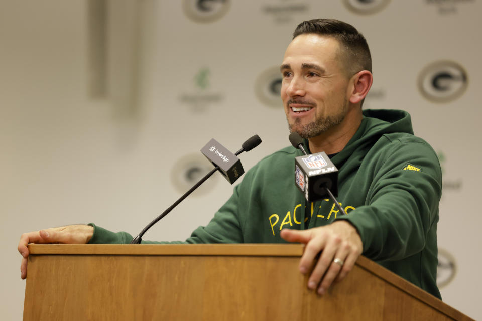 Green Bay Packers head coach Matt LaFleur speaks to reporters following an NFL football game against the Los Angeles Chargers, Sunday, Nov. 19, 2023, in Green Bay, Wis. The Packers won 23-20. (AP Photo/Mike Roemer)
