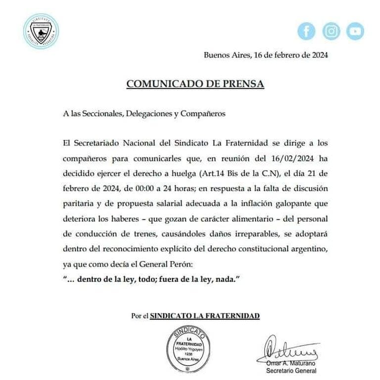 El comunicado completo del gremio La Fraternidad para anunciar el paro de trenes de este miércoles 21 de febrero