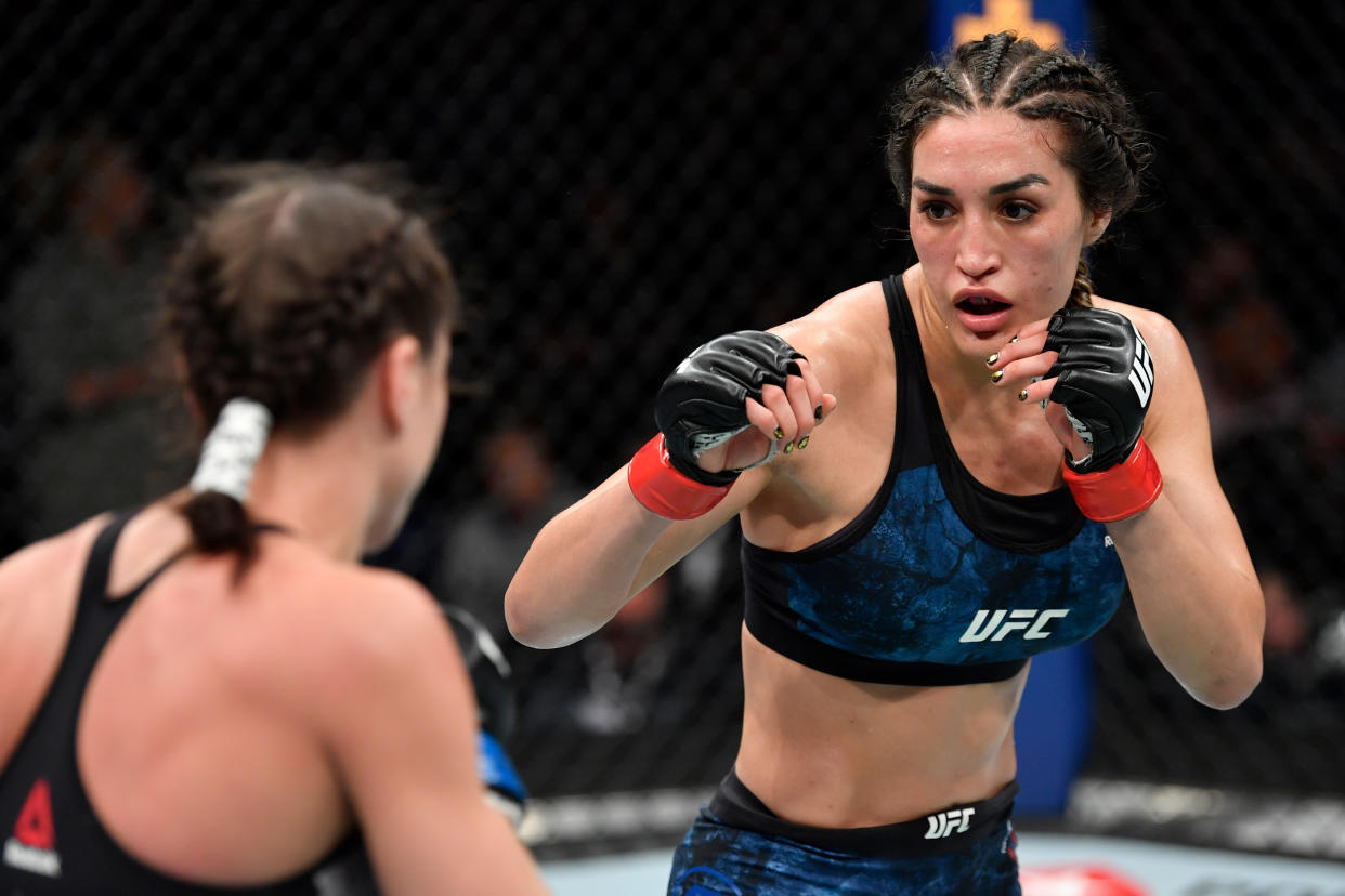 CHICAGO, IL - JUNE 08:  Tatiana Suarez battles Nina Ansaroff in their women's strawweight bout during the UFC 238 event at the United Center on June 8, 2019 in Chicago, Illinois. (Photo by Jeff Bottari/Zuffa LLC/Zuffa LLC via Getty Images)