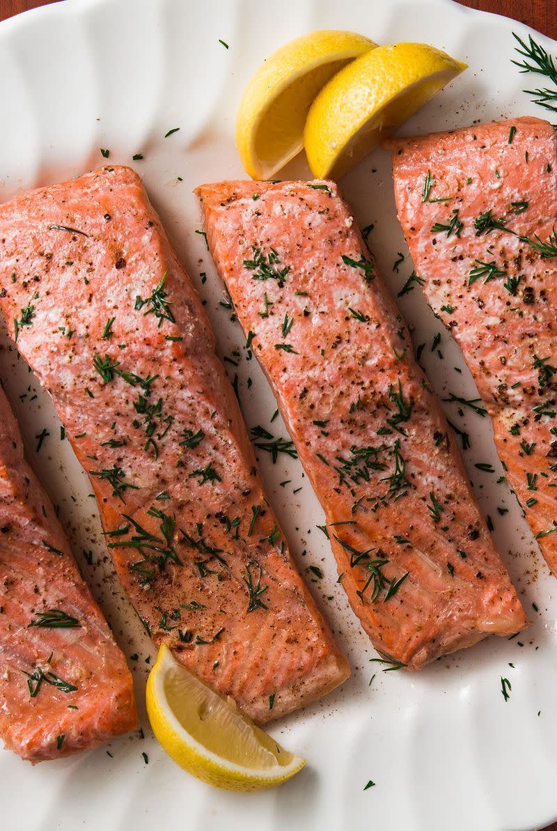 <p>Poached salmon sounds nice and fancy but it's actually one of the easiest ways to cook salmon. It comes out perfect and tender every single time.</p><p>Get the <a href="https://www.delish.com/uk/cooking/recipes/a29204888/easy-poached-salmon-recipe/" rel="nofollow noopener" target="_blank" data-ylk="slk:Poached Salmon;elm:context_link;itc:0;sec:content-canvas" class="link ">Poached Salmon</a> recipe</p>