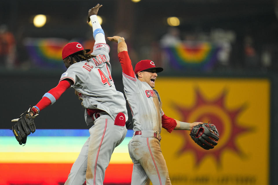 Cincinnati Reds's Elly De La Cruz, left, and TJ Friedl react after defeating the Baltimore Orioles 11-7 in 10 innings during a baseball game, Wednesday, June 28, 2023, in Baltimore. (AP Photo/Julio Cortez)