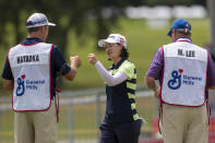 Min Lee reacts on the 18th hole during the first round of the Meijer LPGA Classic golf tournament at the Blythefield Country Club in Belmont, Mich., Thursday, June 17, 2021. (Cory Morse/The Grand Rapids Press via AP)