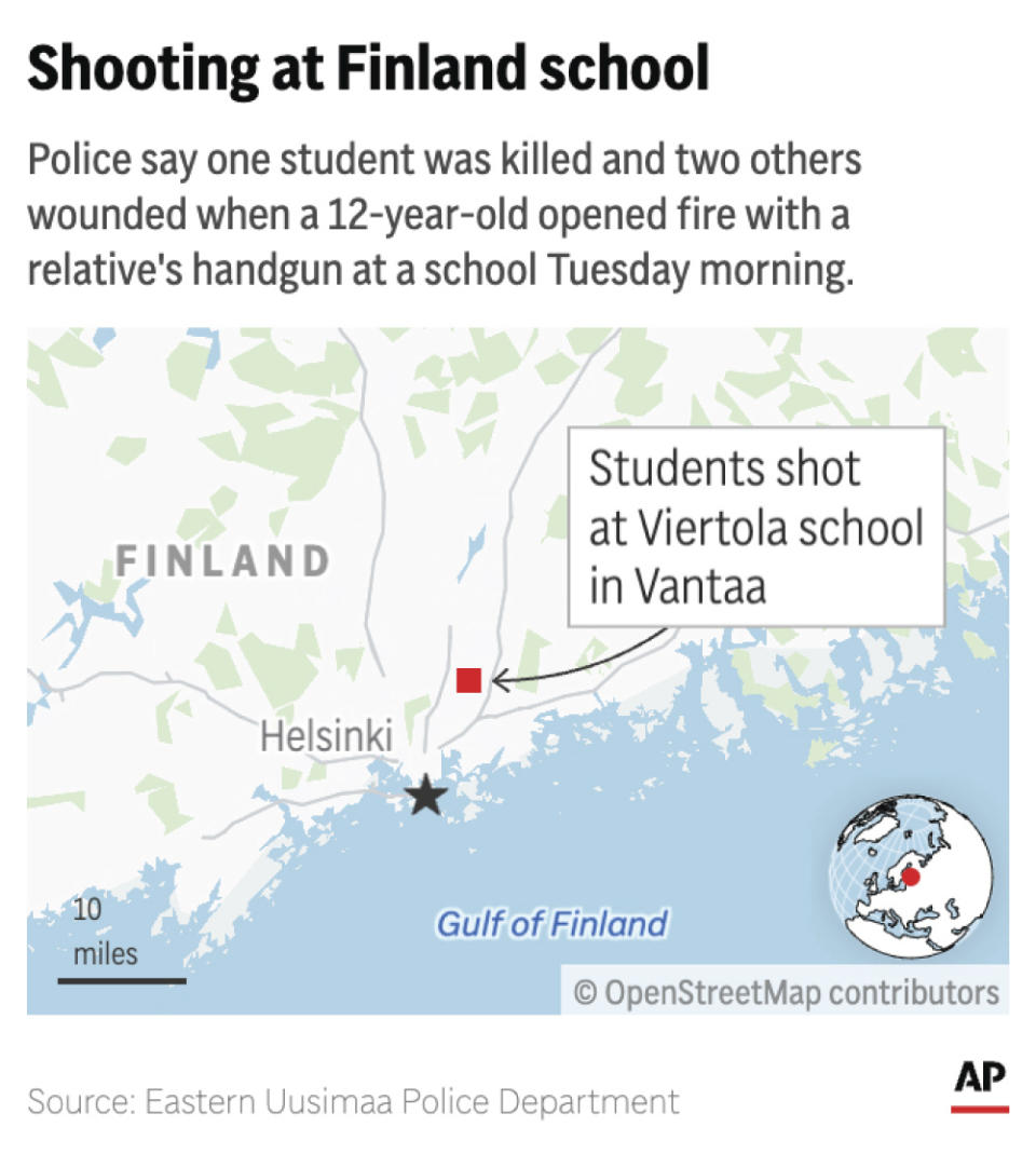 Police in Finland arrested a 12-year-old Tuesday suspected of killing a fellow student and wounding others with a gun at a school outside Helsinki. (AP Digital Embed)