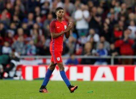 England's Marcus Rashford applauds fans as he is substituted off for Ross Barkley (not pictured). Action Images via Reuters / Lee Smith