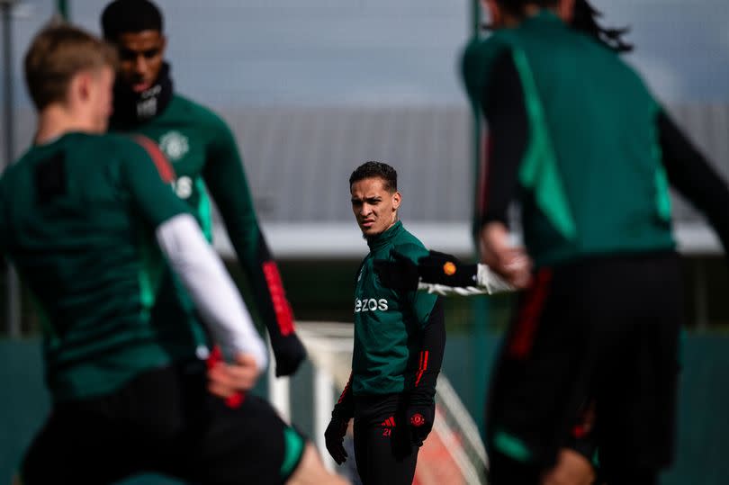 Antony of Manchester United in action during a first team training session at Carrington Training Ground.