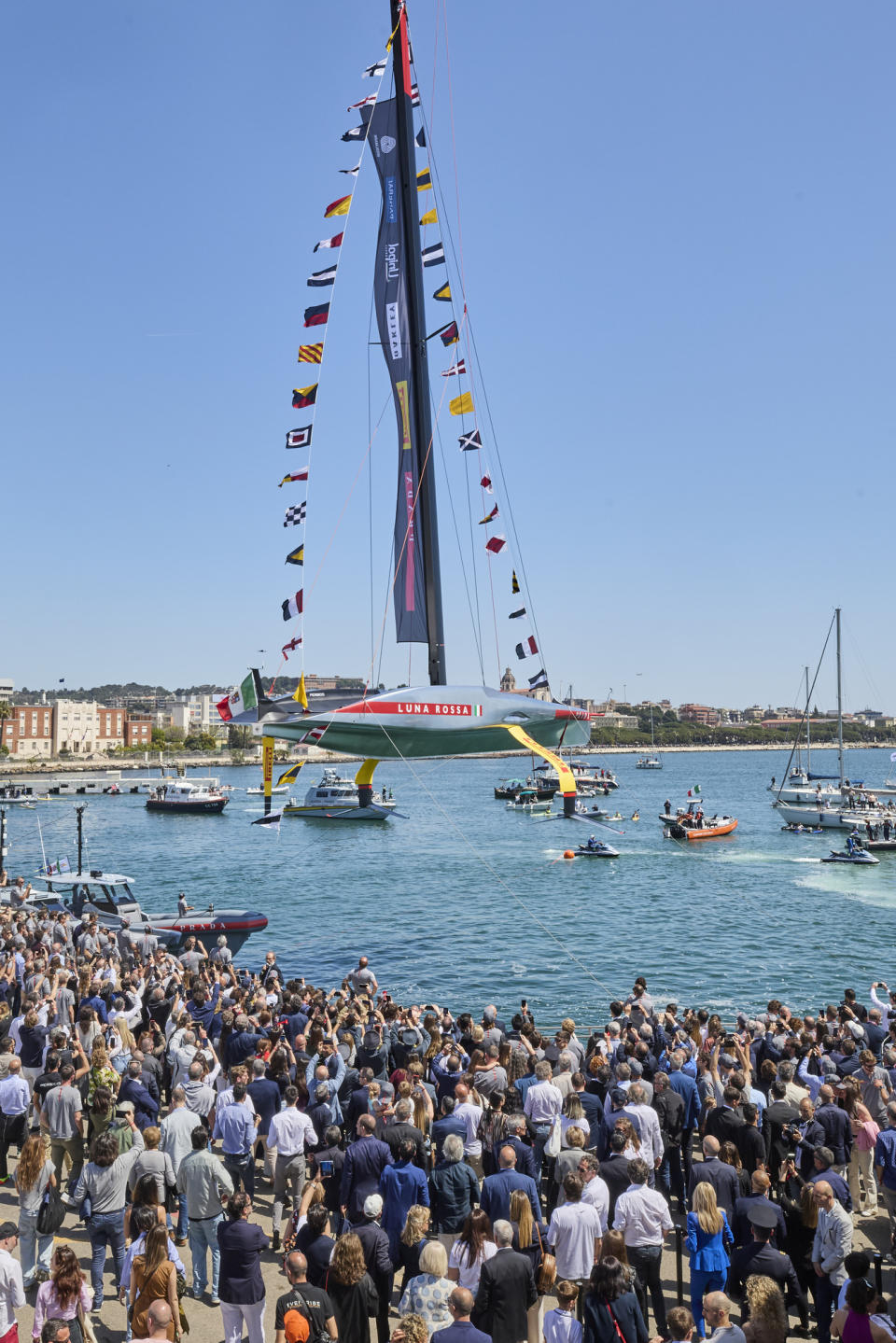 The Luna Rossa Prada Pirelli AC75 sailboat competing in the 37th America's Cup.