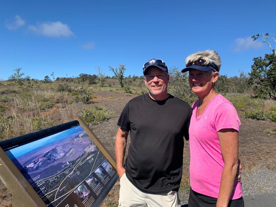 Todd and Leslie Felch of Naples, Florida on a hike to see the Hawaii Volcanoes National Park on the Big Island of Hawaii on August 22, 2023. The couple had a long-planned vacation to visit a friend’s home in upcountry Maui just after the fire hit on August 8 and shifted to the Big Island so the home could be used by FEMA staffers to aid fire victims.