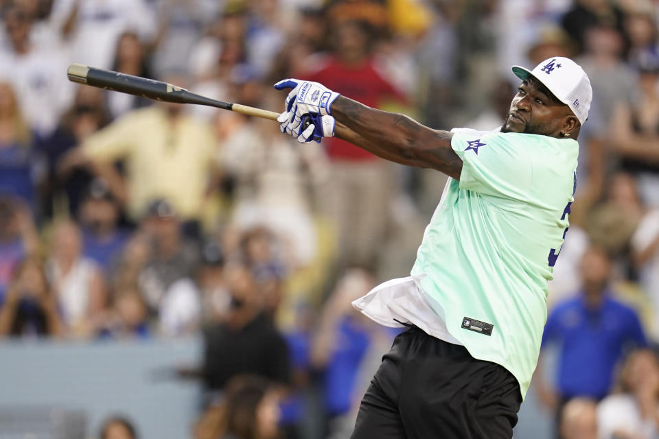 Former Boston Red Sox player David Ortiz hits during the MLB All Star Celebrity Softball game, Saturday, July 16, 2022, in Los Angeles. (AP Photo/Abbie Parr)