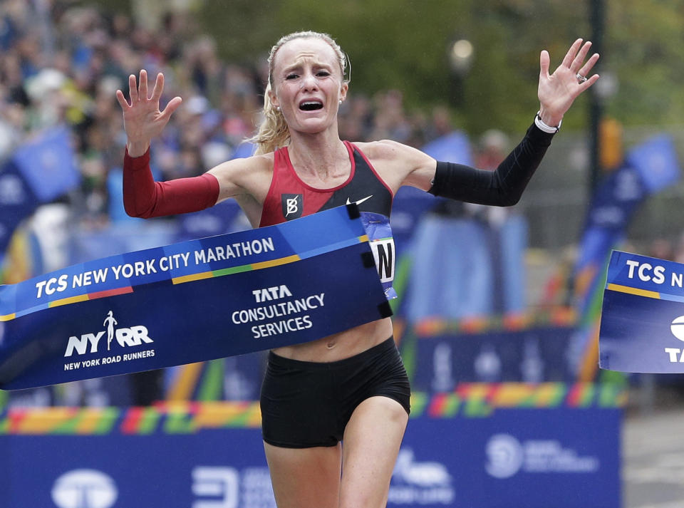 <p>Shalane Flanagan of the United States crosses the finish line first in the women’s division of the New York City Marathon in New York, Nov. 5, 2017. (Photo: Seth Wenig/AP) </p>