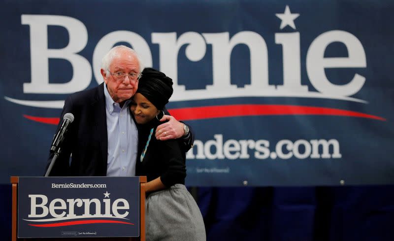 FILE PHOTO: Democratic 2020 U.S. presidential candidate Sanders is joined by U.S. Rep. Omar in Manchester