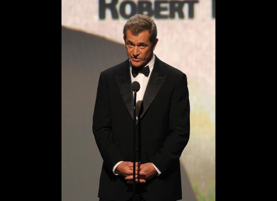 BEVERLY HILLS, CA - OCTOBER 14:  Actor Mel Gibson speaks onstage during The 25th American Cinematheque Award Honoring Robert Downey Jr. held at The Beverly Hilton hotel on October 14, 2011 in Beverly Hills, California.  (Photo by Kevin Winter/Getty Images)