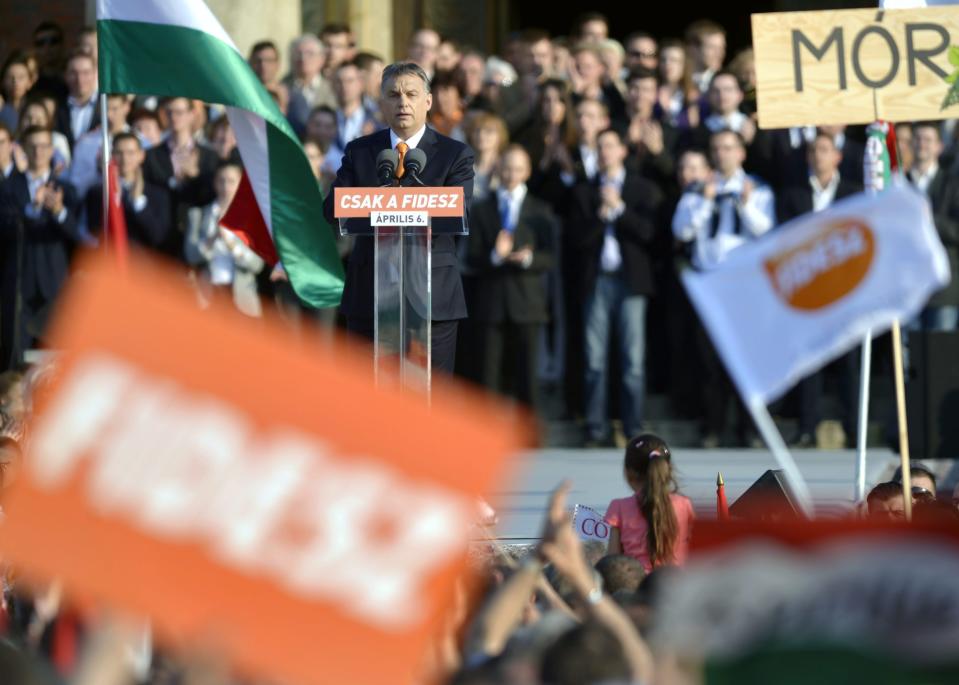 Hungarian Prime Minister and Chairman of ruling centre right Fidesz party Viktor Orban addresses the election rally of Fidesz and its coalition ally Christian Democratic People’s Party in Heroes’ Square in Budapest, Hungary, Saturday, March 29, 2014. Inscription reads: "Fidesz only". The parliamentary elections are held on April 6, 2014 in Hungary. (AP Photo/MTI, Laszlo Beliczay)