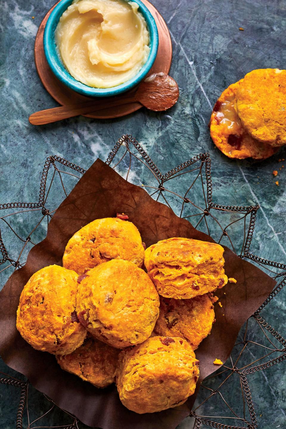 Pumpkin-Buttermilk Biscuits with Crispy Ham and Honey Butter