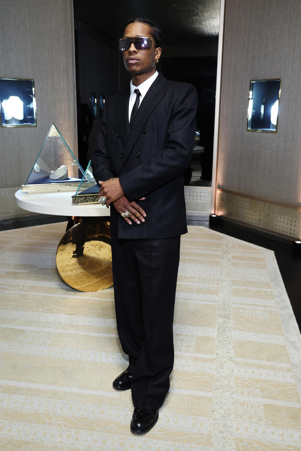 A$AP Rocky celebrates the debut of the Tiffany Titan by Pharrell Williams collection in black oxford shoes
