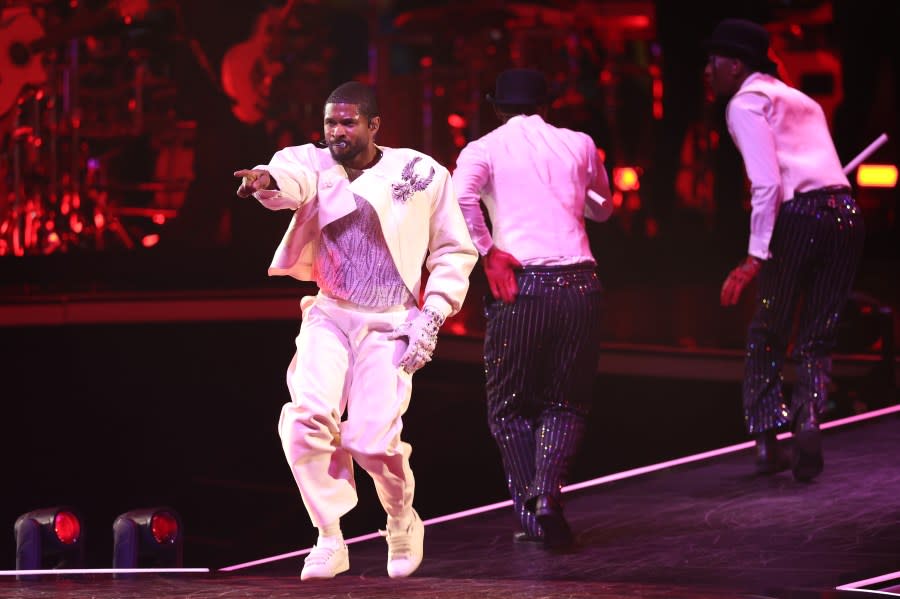 LAS VEGAS, NEVADA – FEBRUARY 11: Usher performs onstage during the Apple Music Super Bowl LVIII Halftime Show at Allegiant Stadium on February 11, 2024 in Las Vegas, Nevada. (Photo by Steph Chambers/Getty Images)