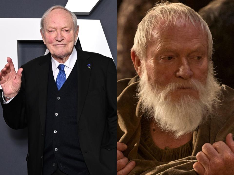 Julian Glover at the UK Premiere of "TÁR" on January 11, 2023, and as Grand Maester Pycelle in "Game of Thrones."