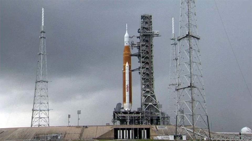 The Space Launch System rocket atop pad 39B at the Kennedy Space Center Friday afternoon. NASA engineers say the rocket can withstand gusts of hurricane-force winds at the launch pad, but hopeful a threatening storm will spare the spaceport. Even so, the forecast for a launch opportunity Tuesday is 80 percent no-go. / Credit: NASA