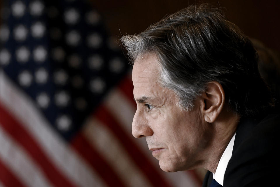 U.S. Secretary of State Antony Blinken looks on during a meeting with Kyrgyzstan Foreign Minister Kulubaev at the Ritz Carlton in Astana, Kazakhstan, Tuesday, Feb. 28, 2023. (Olivier Douliery/Pool Photo via AP)