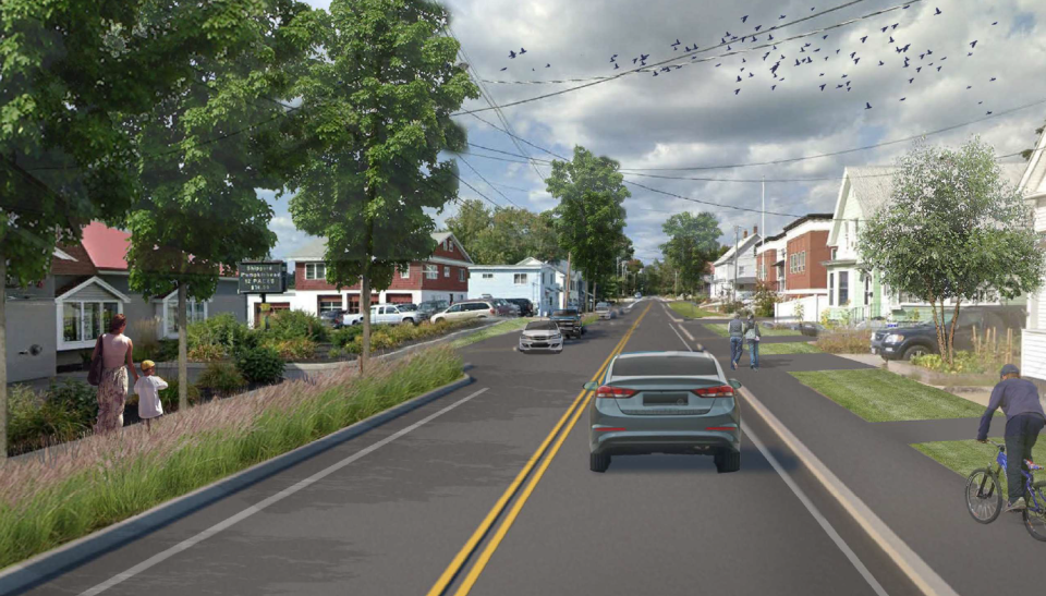 Artist renderings show proposed visualizations for the Mousam Promenade on River Street in Sanford, Maine. Recently awarded federal transportation funds will go toward the project, as well as other downtown improvements, beginning next year.