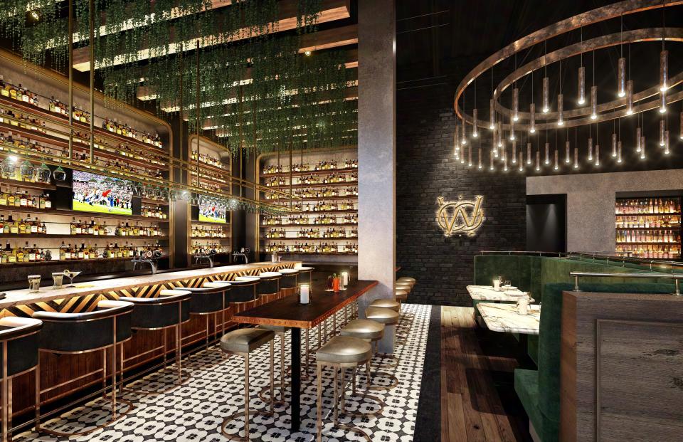 A rendering of Warren Naples bar area, where glass tiles are individually installed.
