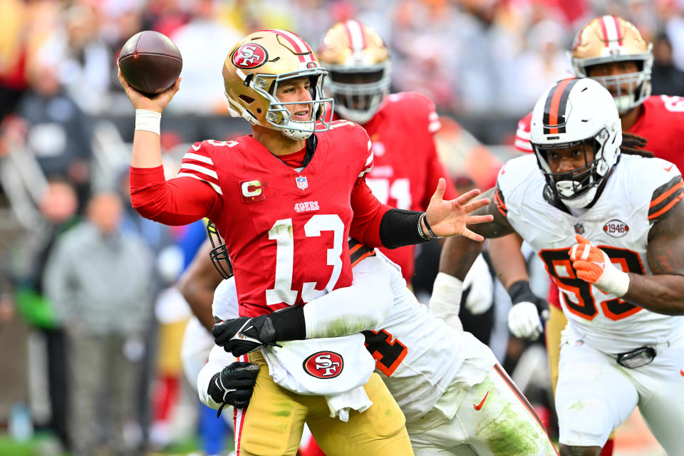 49ers quarterback Brock Purdy (13) had a rough afternoon against the Browns' defense. (Photo by Jason Miller/Getty Images)