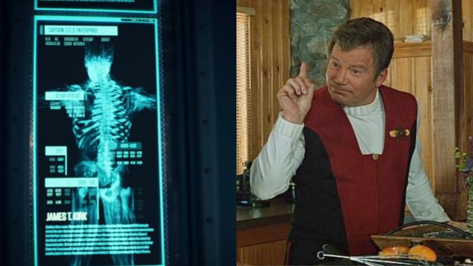 (L) the readout of what looks like Captain Kirk's body at Daystrom Station in Star Trek: Picard, and William Shatner's final appearance in Star Trek: Generations.