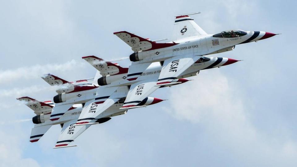 The United States Air Force Thunderbirds flew in a tight formation on the second and final day of the 2021 Kansas City Airshow at the New Century AirCenter in New Century, Kansas, July 4, 2021. This year, the Thunderbirds and the Blue Angels performed at the same show, which is rare.